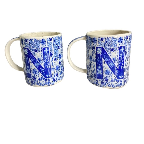 Anthropologie Other - Anthropologie blue folk song monogram N letter coffee mug set x2
